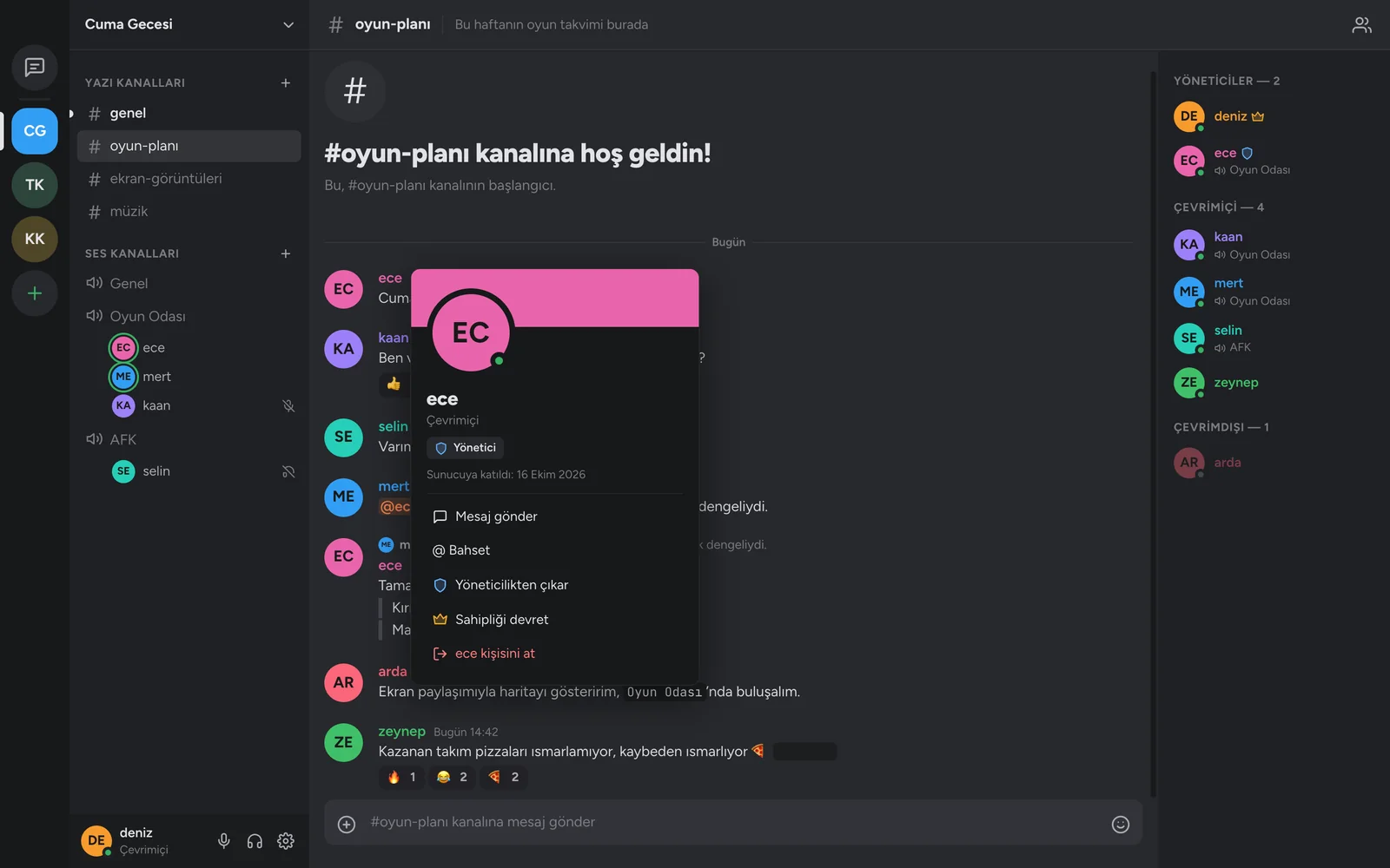 Bir üyenin profil kartı: yönetici rolü, katılma tarihi, mesaj gönder ve yetki seçenekleri.